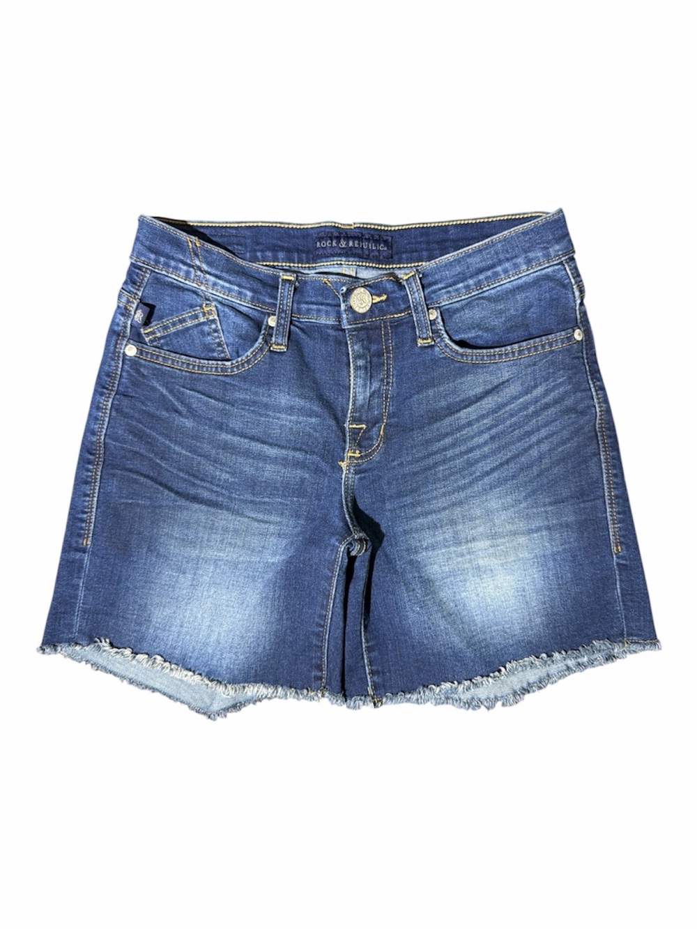 Rock & Republic Bumpershoot Blue Frayed Hem Denim Shorts, size 4